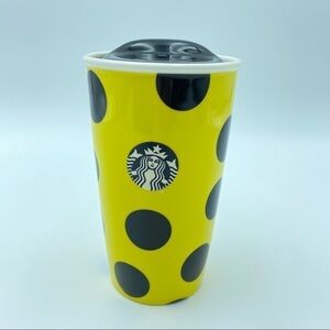 Starbucks Coffee 2015 12oz Yellow Black Polka Dot Ceramic Travel Tumbler Mug
